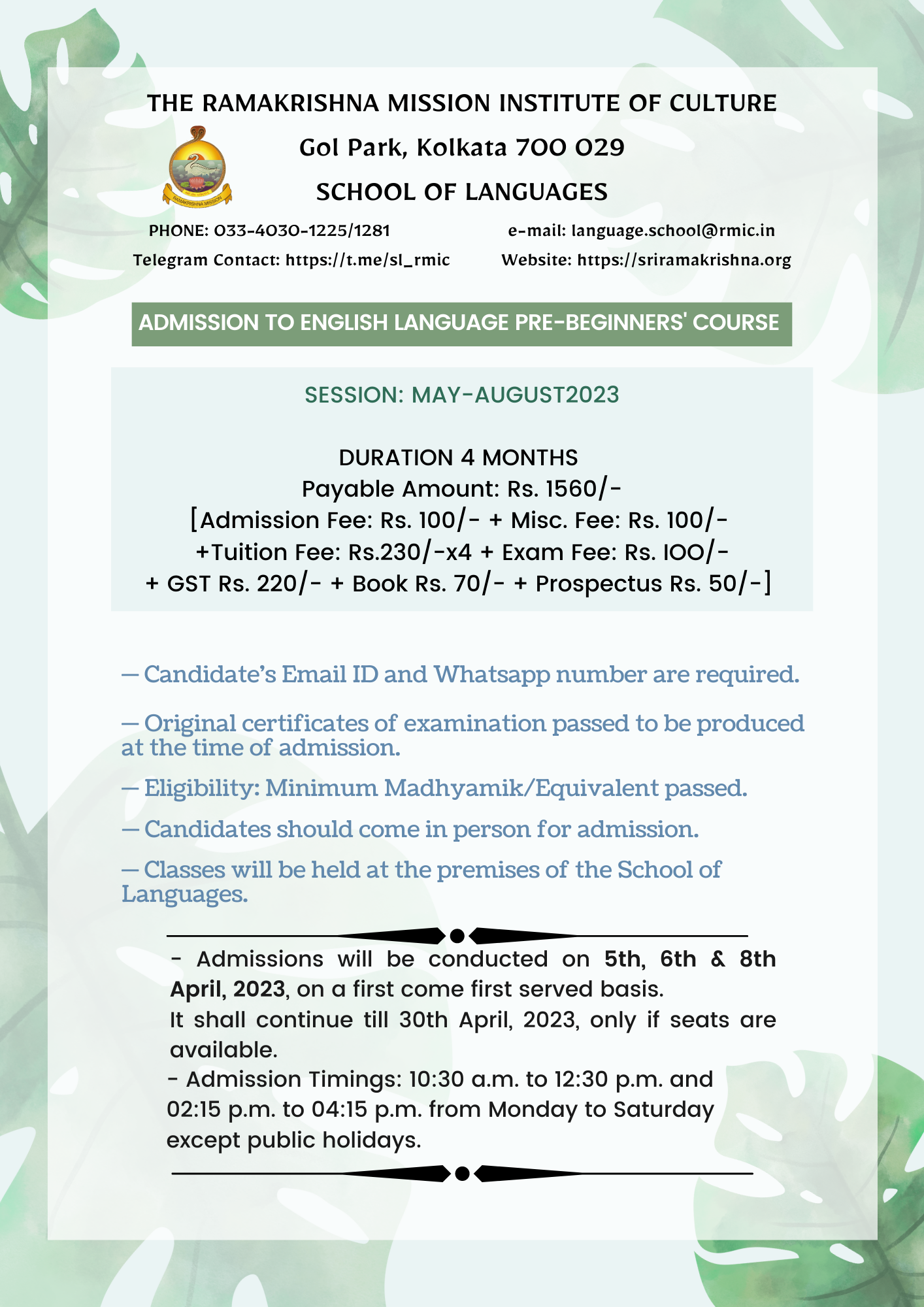 Admission To English Language Pre Beginner s Course Session May Aug 